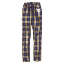 Navy and gold plaid WVU women's flannel pants with a Flying WV on the left hip